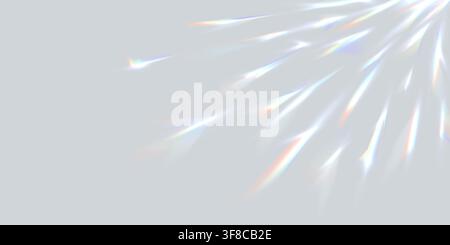 Ombra di luce prismatica, sfondo con riflessi di palla da discoteca. Sfondo astratto grigio morbido con motivi di luce da palla da discoteca. Effetto ologramma arcobaleno, sovrapposizione di bagliori scintillanti. Texture di rifrazione della luce solare Illustrazione Vettoriale