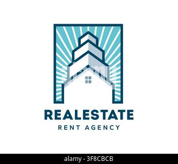 Edificio residenziale, agenzia immobiliare, icona di costruzione di appartamenti con tetti di case e raggi radiali. Emblema per il branding architettonico professionale, la gestione immobiliare, l'identità del servizio di agente immobiliare Illustrazione Vettoriale