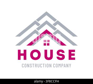 Agenzia immobiliare e di affitto, icona per la costruzione di residenze con tetti di case sovrapposti, finestre e tipografia in grassetto. Emblema per servizi professionali di affitto e proprietà o agenti Illustrazione Vettoriale