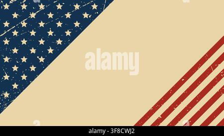 Sfondo vintage patriottico americano con spazio libero, angolo bandiera, stelle consumate e strisce rosse diagonali per il quattro luglio, tributo commemorativo e Nat Illustrazione Vettoriale
