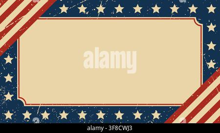 Banner vintage patriottico americano con bordo a stelle blu, strisce diagonali rosse e texture invecchiata per il quattro luglio, tributo commemorativo e Illustrazione Vettoriale
