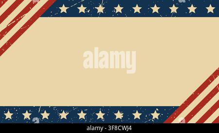 Modello di banner vintage americano patriotico con bordo a stelle blu, strisce diagonali rosse e texture invecchiata per auguri per le festività nazionali Illustrazione Vettoriale