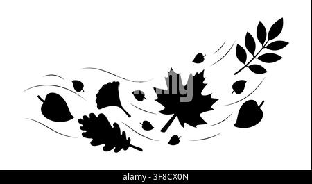Silhouetti neri di foglie autunnali che si muovono nel vento con rami di acero, quercia, ginkgo e botanici, composizione monocromatica di fogliame stagionale per l'autunno Illustrazione Vettoriale