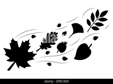 Silhouetti di foglie autunnali nere che svolazzano in un vento forte, aceri, querce, ginkgo e rami botanici in una dinamica composizione di fogliame stagionale per l'autunno Illustrazione Vettoriale
