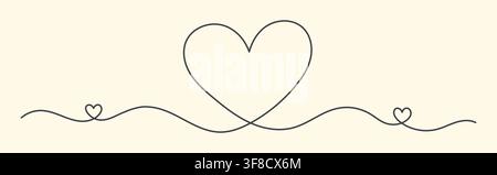 Disegno continuo a una linea di cuore con cuori grandi e piccoli su sfondo crema, bordo romantico minimale per amore, San Valentino, matrimonio, biglietto di auguri Illustrazione Vettoriale