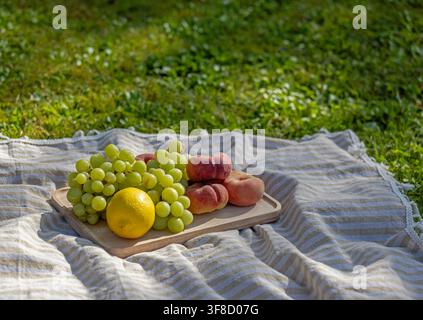 Pesche fresche, uva verde e un limone disposti su un vassoio di legno rustico appoggiato su una coperta da picnic a strisce, con erba verde rigogliosa del giardino sullo sfondo Foto Stock