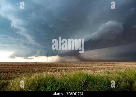 Vista di una massiccia supercellula con nuvole scure e turbinanti che si stagliano su un campo agricolo raccolto, illustrando modelli meteorologici estremi. Foto Stock