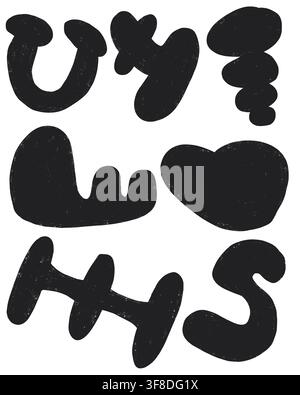 Un set di sette forme organiche nere a blob disegnate a mano con una finitura gessosa testurizzata, adatte per sfondi minimalisti audaci, elementi di branding. Foto Stock