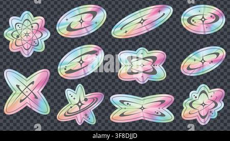 Set di adesivi olografici Y2K con sfumatura iridescente. Stelle e forme neon retrò degli anni '90, icone cromate alla moda per il design di feste rave e futuriste Illustrazione Vettoriale