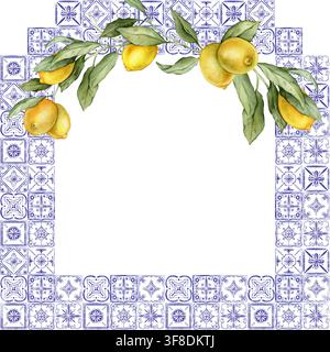 Cornice quadrata di piastrelle azulejo portoghesi tradizionali e ramo di limone. Tradizioni ceramiche mediterranee blu. Illustrazione acquerellata disegnata a mano con Foto Stock