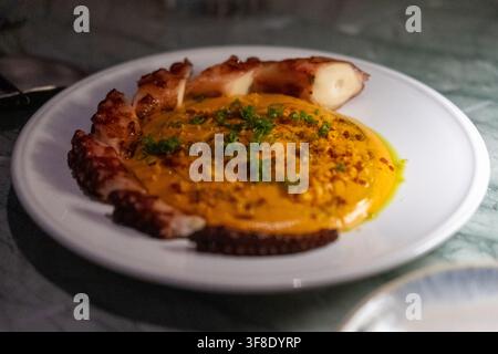 Braccio di polpo grigliato servito con espuma di patate cremoso e speziato e salsa ricca al chorizo Foto Stock