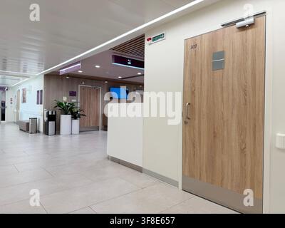 Corridoio moderno di ospedale con porte in legno, area reception e piante in vaso in un ambiente pulito e ben illuminato Foto Stock