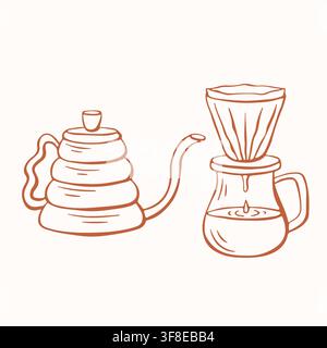 Set di bollitore e dripper per il metodo di preparazione pour over. Disegno lineare di attrezzatura da barista. Stile minimalista semplice. Illustrazione vettoriale per Illustrazione Vettoriale