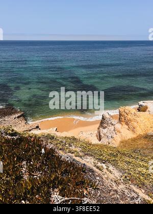 Panoramica costiera di una piccola spiaggia sabbiosa circondata da scogliere rocciose e vegetazione costiera, con acqua oceanica turchese chiara che si estende fino all'orizzonte Foto Stock