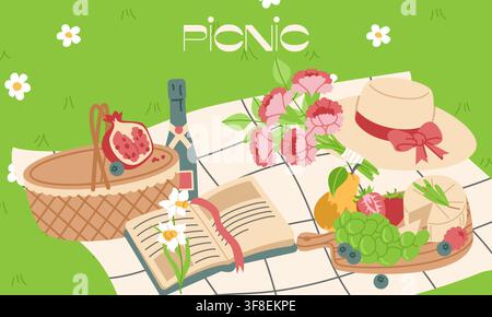 Illustrazione di picnic estivo con fiori e frutta Illustrazione Vettoriale