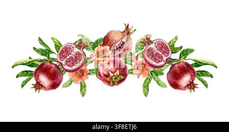 Melagrane rosse con fiori e foglie. Composizione orizzontale con frutti maturi, interi e tagliati. Illustrazione acquerellata disegnata a mano in uno stile botanico Foto Stock