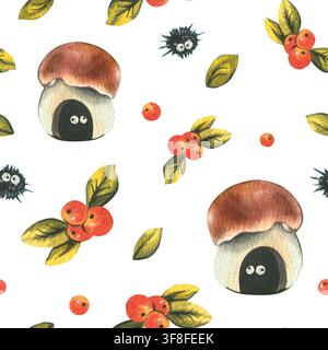 Modello senza cuciture con funghi acquerellati dipinti a mano e bacche di bosco. Personaggi carini del bosco per bambini. Design a tema raccolta autunnale per Foto Stock