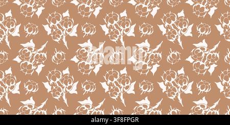 Modello senza cuciture con delicato ramo di fiore di pianta bianca in cotone su sfondo marrone. Texture botanica organica. Stampa su tessuto naturale. Vettore Illustrazione Vettoriale
