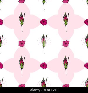 Motivo vettoriale senza cuciture con boccioli di rosa canina e forme geometriche rosa su sfondo bianco. Stampa floreale elegante per confezioni regalo e biglietti. Illustrazione Vettoriale