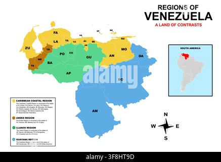 Mappa delle regioni naturali del Venezuela – Costa caraibica, Ande, Llanos e Guayana Illustrazione Vettoriale