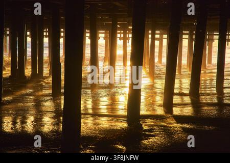 Luce dell'ora dorata sotto il molo di Santa Monica con riflessi sulla sabbia dell'oceano Foto Stock