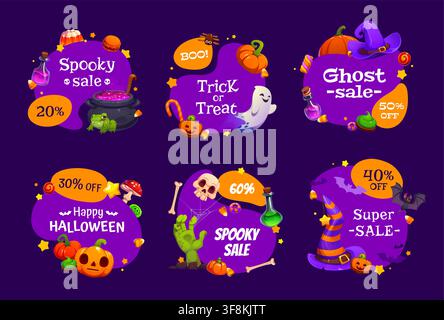 Badge di sconto Halloween, etichette di svendita e tag di offerta spaventosi per le feste, adesivi vettoriali. Badge di svendita Halloween per promozioni in negozio con fantasmi divertenti, strega ca Illustrazione Vettoriale