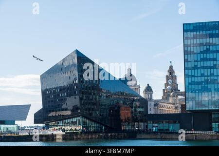 Liverpool, Regno Unito - 18 Luglio 2019: moderno e architettura classica a Liverpool Docks, porto di Liverpool, come un gabbiano vola da Foto Stock