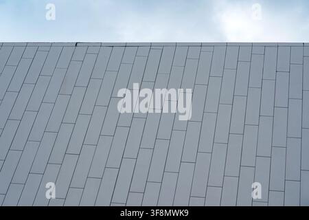 Pannelli di rivestimento rettangolari grigio chiaro sull'esterno del tetto di un edificio contro un cielo nuvoloso. Foto Stock