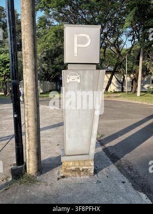 Segnale di parcheggio in cemento si trova accanto a un albero Foto Stock