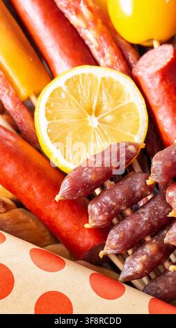Selezione diversificata di prodotti di carne lavorati disposti artisticamente su spiedini di legno, completati da fette di agrumi luminose e da un motivo a pois decorativo p Foto Stock