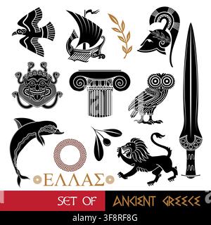 Set di design greco antico, isolato su bianco, illustrazione vettoriale Illustrazione Vettoriale