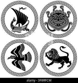 Set di design greco antico. L'immagine in stile greco antico sugli scudi di un guerriero, isolata su bianco, illustrazione vettoriale Illustrazione Vettoriale