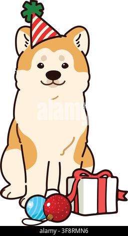 Illustrazione natalizia semplice e adorabile di un cane Akita seduto delineato Illustrazione Vettoriale