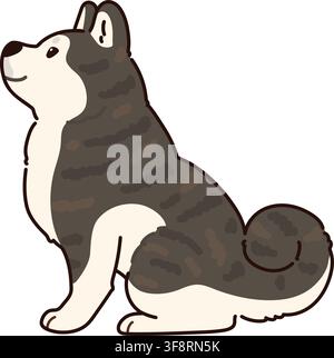 Semplice e adorabile cane Akita di colore scuro delineato in vista laterale Illustrazione Vettoriale