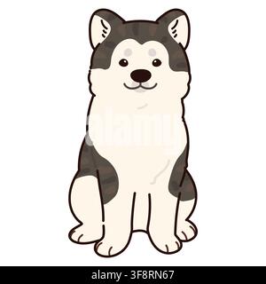 Cane Akita di colore scuro semplice e adorabile delineato seduto in vista frontale Illustrazione Vettoriale