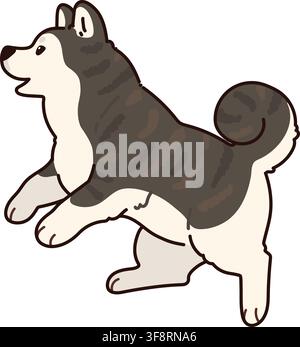 Cane Akita di colore scuro semplice e adorabile, che salta e gioca in linee sottili Illustrazione Vettoriale