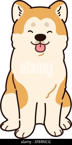 Semplice e adorabile cane Akita sorridente delineato seduto di fronte Illustrazione Vettoriale