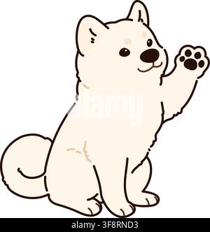 Semplice e adorabile cane Akita bianco delineato seduto e che saluta Illustrazione Vettoriale
