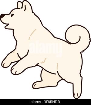 Semplice e adorabile cane Akita bianco delineato che salta e gioca Illustrazione Vettoriale