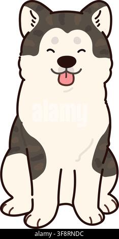 Semplice e adorabile cane Akita di colore scuro delineato, seduto di fronte e sorridente Illustrazione Vettoriale