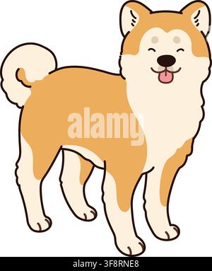 Illustrazione semplice e adorabile di un cane Akita sorridente a contorno in piedi Illustrazione Vettoriale