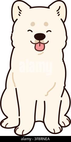 Semplice e adorabile cane Akita bianco sorridente delineato seduto di fronte Illustrazione Vettoriale