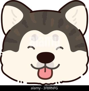 Semplice e adorabile testa anteriore di un cane Akita colorato scuro delineato sorridente Illustrazione Vettoriale