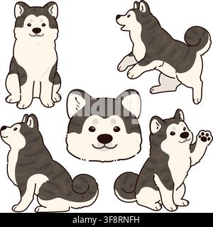 Illustrazioni semplici e adorabili di un cane Akita colorato scuro in stile outline Illustrazione Vettoriale