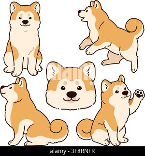 Illustrazioni semplici e adorabili di cani Akita a tratto Illustrazione Vettoriale