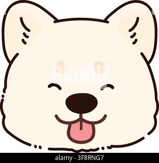 Testa anteriore di cane Akita bianco sorridente, semplice e adorabile con contorni Illustrazione Vettoriale