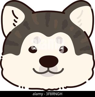 Testa anteriore di cane Akita di colore scuro, semplice e adorabile con contorni Illustrazione Vettoriale