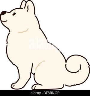Semplice e adorabile cane Akita bianco delineato in vista laterale seduto Illustrazione Vettoriale