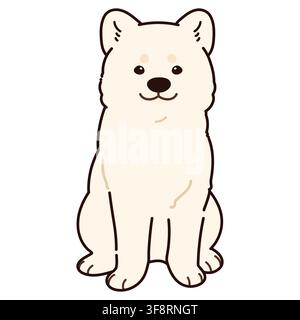 Semplice e adorabile cane Akita bianco delineato seduto di fronte Illustrazione Vettoriale