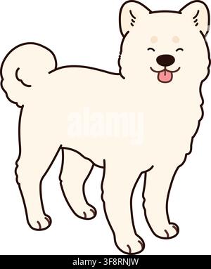 Illustrazione semplice e adorabile di un cane Akita bianco sorridente delineato in piedi Illustrazione Vettoriale